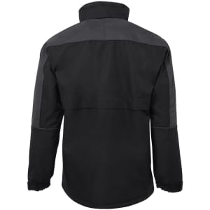 A rain jacket in black and charcoal with a simple design and a logo on the back.