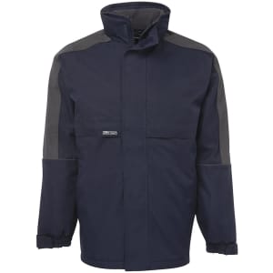 A black and charcoal rain jacket featuring a high collar and elasticised cuffs, with a logo on the front.