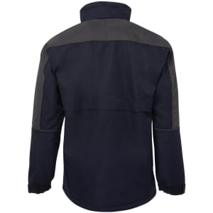 A black and charcoal rain jacket featuring a high collar and elastic cuffs, with a logo on the back.