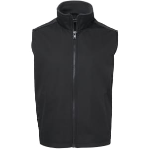 A black vest with a high collar and full front zipper. It features a soft inner lining and has a logo.