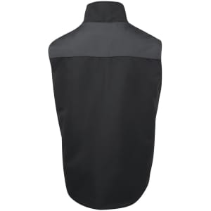 A black vest featuring a contrasting dark grey section at the top and a logo on the back.