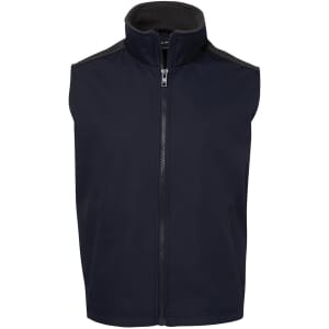A navy vest with a high collar and zip closure, featuring a soft inner lining and shoulder details.