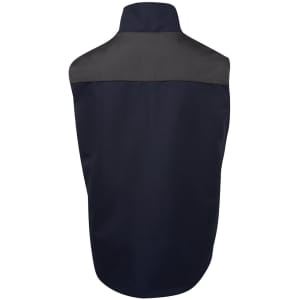 A navy vest with a dark grey shoulder panel and a high collar. It features a logo on the back.