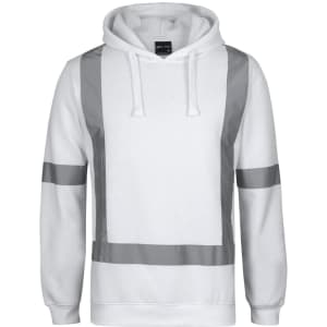 A white fleece hoodie featuring reflective tape across the front and sleeves, with a hood and a logo.