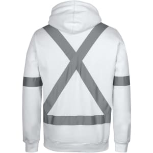 A white fleece hoodie featuring reflective tape in an X design on the back. The hoodie has a hood and long sleeves.