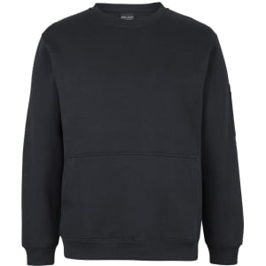 A dark green crew neck fleece jumper with a front pocket and a logo on the sleeve.