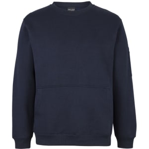 A navy blue crew neck fleece jumper with a front pocket and a sleeve pocket. It features a logo on the sleeve.
