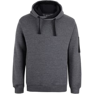 A grey hoodie with a black-lined hood and a sleeve pocket, featuring a logo.