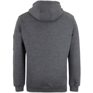 A grey work hoodie featuring a hood and long sleeves, with a logo on one sleeve.