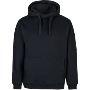 A black work hoodie featuring a front pocket and a hood, with a logo on the sleeve.