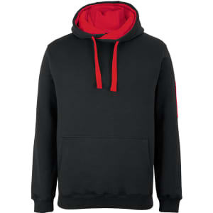 A black hoodie with a red inner lining and drawstrings, featuring a front pouch pocket and a logo.