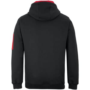 A black hoodie with a red hood and a side pocket, featuring a logo on the sleeve.