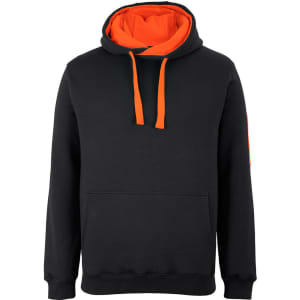 A black hoodie with an orange inner lining and drawstrings, featuring a front pocket and a logo on the sleeve.