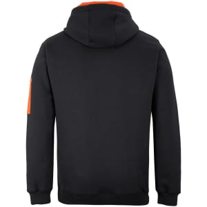 A black work hoodie with an orange accent on the hood and a zipped pocket on the sleeve. Features a logo.