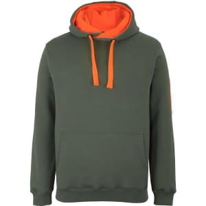 A green hoodie with an orange interior hood and drawstrings, featuring a front pocket and a logo.