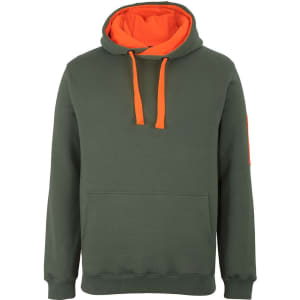 A green work hoodie with an orange inner lining and drawstrings, featuring a front pocket and a logo on the sleeve.