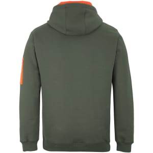 A green hoodie with an orange accent on the sleeve, featuring a hood and a branded logo.
