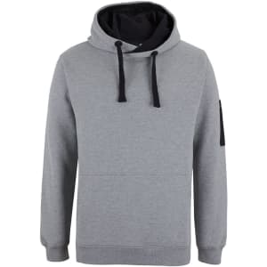 A grey hoodie featuring a black hood and drawstrings, with a side pocket and a logo on the sleeve.