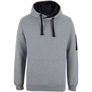 A grey hoodie with a black hood and drawstrings, featuring a logo on the sleeve.