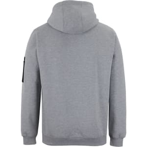 A grey hoodie with a hood and long sleeves, featuring a side pocket and a branding logo.