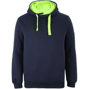A navy work hoodie with a green hood and drawstrings, featuring a front pocket and a logo on the sleeve.