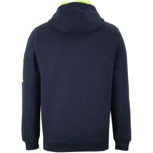 A dark navy hoodie with a bright green hood and one sleeve, featuring a logo on the sleeve.