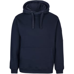 A navy blue work hoodie with a kangaroo pocket and a hood. It features a branded logo on one sleeve.