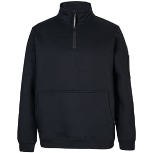 A black 1/2 zip fleece jumper with a front pocket and a side zip pocket, featuring a logo.