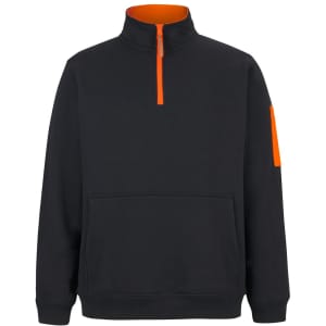 A black fleece jumper with a half-zip front and an orange collar detail. Features a pocket and logo.