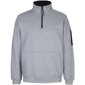 A grey polar fleece jumper featuring a half zip, a front pocket, and a sleeve pocket with a logo.