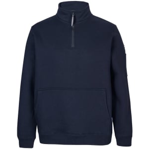 A navy blue 1/2 zip fleece jumper featuring a front pocket and a logo on the sleeve.