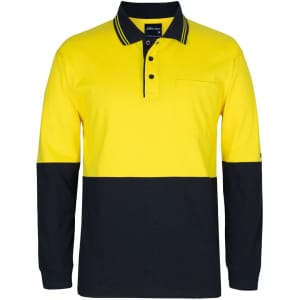 A long-sleeve cotton polo shirt in yellow and navy blue, featuring a pocket and a branding logo.