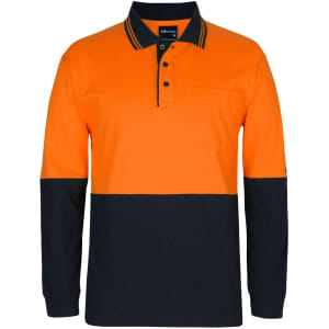 A long-sleeve work polo shirt in vibrant orange and navy blue, featuring a pocket and a logo on the sleeve.