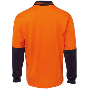 An orange long-sleeve cotton polo shirt featuring navy sleeves and a collar, with a logo present.