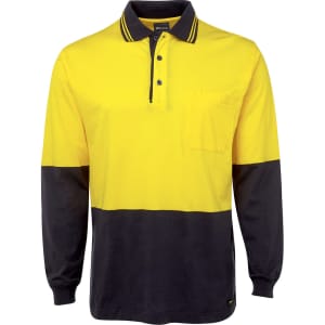 A long-sleeve cotton polo shirt featuring yellow and navy panels, with a pocket and a logo.