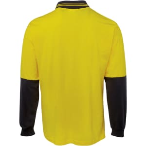 A long-sleeved polo shirt featuring a yellow body and black sleeves, with a branding logo.