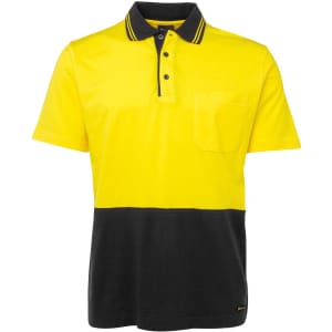 A short-sleeved cotton polo shirt featuring a vibrant yellow upper with a black lower section and a pocket. It has a logo.