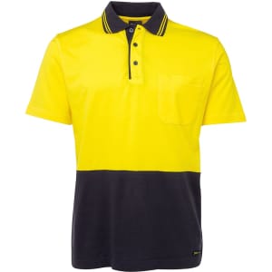 A yellow and navy polo shirt with a pocket and a logo, featuring a collared neckline and contrasting stripes.