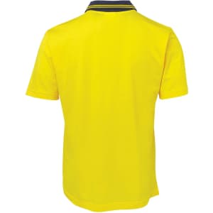 A yellow short-sleeved cotton polo shirt with a contrasting collar and a logo on the back.