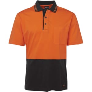 An orange and black short-sleeve cotton polo shirt featuring a pocket and a logo.