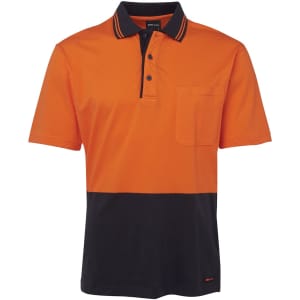 An orange and navy cotton polo shirt featuring a collar, buttons, and a pocket, with a logo.