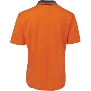 An orange polo shirt featuring a contrasting collar, designed for workwear with a logo present.