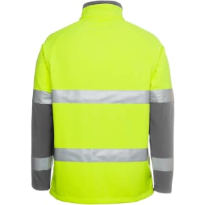 A high-visibility softshell jacket in bright yellow with grey sleeves and reflective strips on the back.