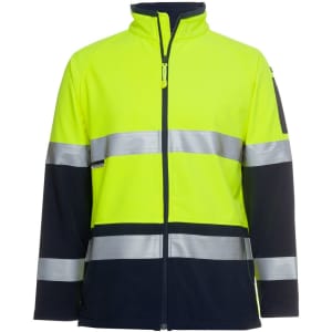 High-visibility softshell jacket in yellow and navy with reflective strips and a logo. Suitable for workwear.