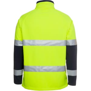 A high-visibility softshell jacket in bright fluorescent yellow with navy sleeves and reflective strips, featuring a logo.