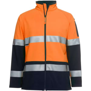 An orange and navy softshell jacket featuring reflective strips and a zip front. It has a logo on the sleeve.