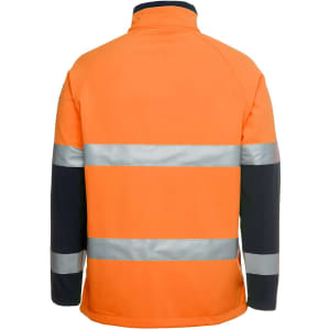 An orange and navy softshell work jacket featuring reflective stripes and a logo.