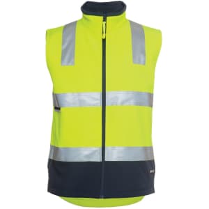 A high-visibility softshell vest in fluorescent yellow with navy detailing and reflective stripes, featuring a logo.