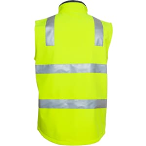 A high-visibility yellow softshell vest with reflective stripes and a logo. Suitable for workwear.