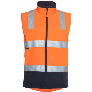 An orange softshell vest with reflective strips and a dark navy bottom, featuring a zip front and high collar.